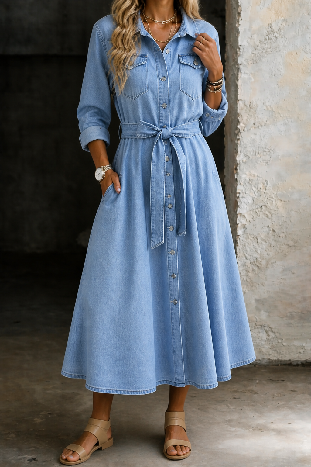 Light blue denim midi dress with button front, chest pockets, tied waist