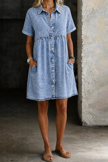 Light blue denim shirt dress with button front and pleated skirt, short sleeves
