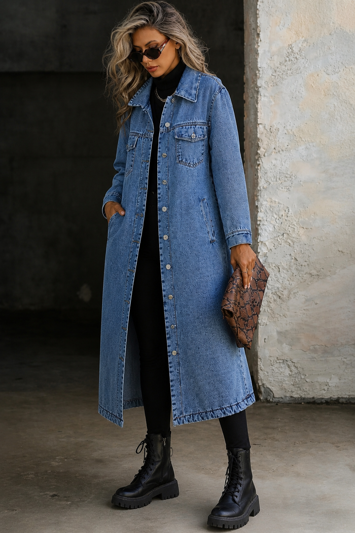Maya | Stylish Long Denim Jacket Lawrence Toronto