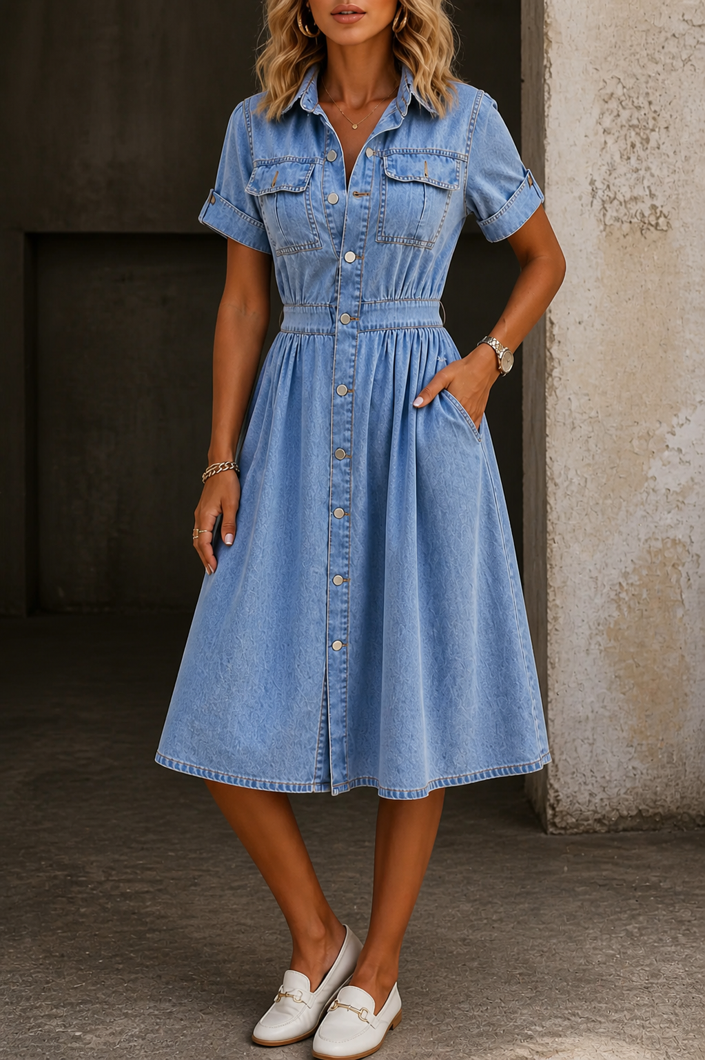 Deborah | Short Sleeve Denim Dress Lawrence Toronto