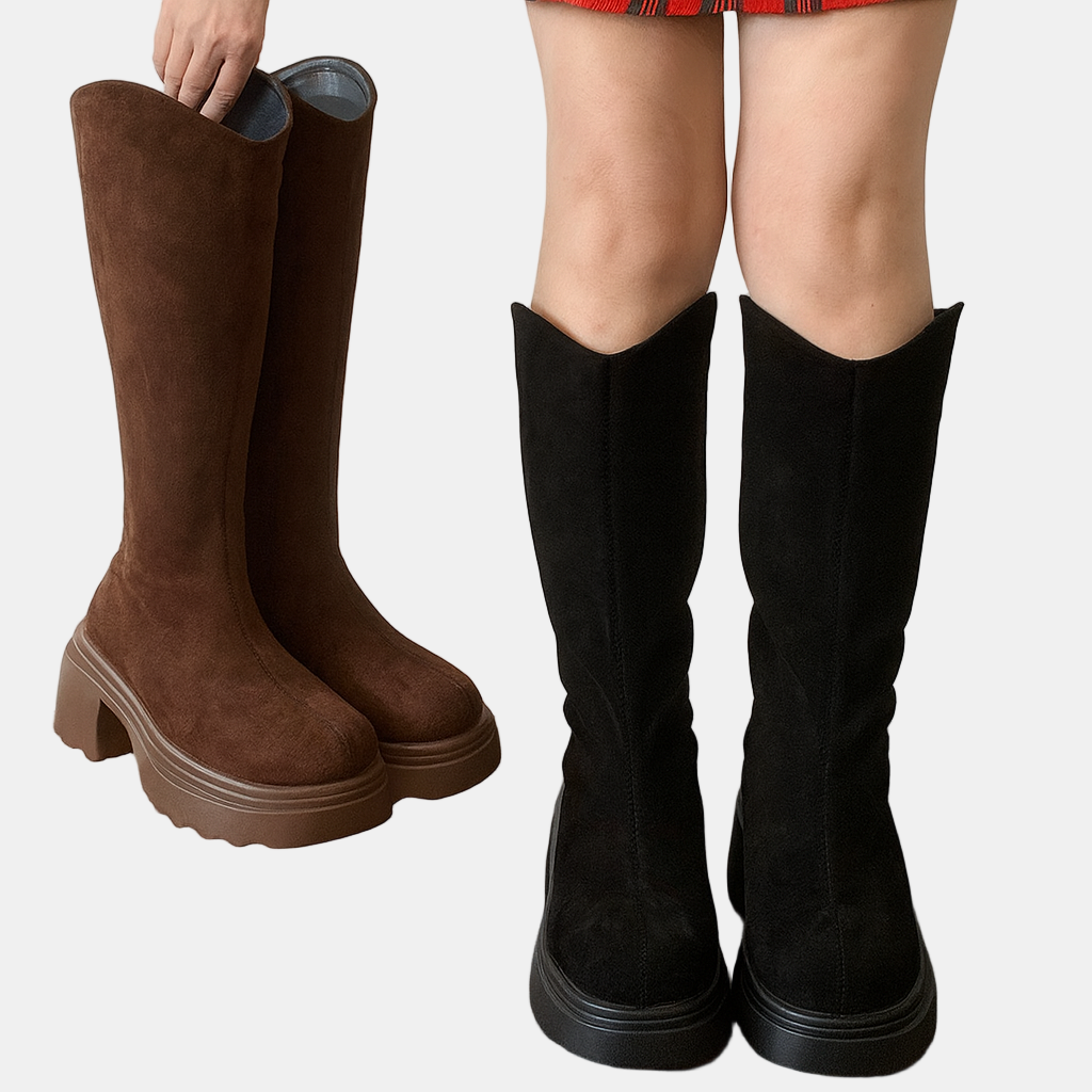 Tall suede-look high boots, brown and black, cushioned sole, chunky block heel