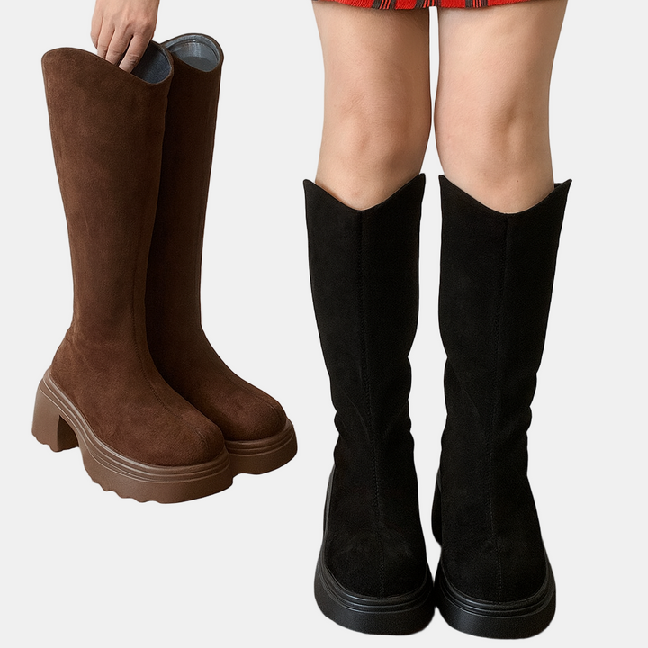 Tall suede-look high boots, brown and black, cushioned sole, chunky block heel