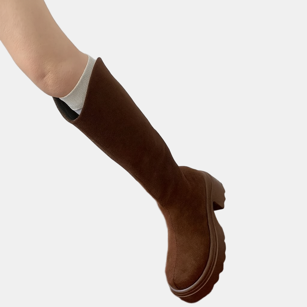 Brown tall boot side view, suede-look upper, low chunky heel and rounded toe
