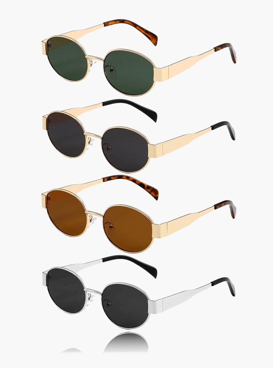 Assorted metal-framed sunglasses with tinted round lenses in multiple frame colors