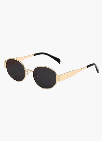 Round sunglasses with gold frame and dark lenses