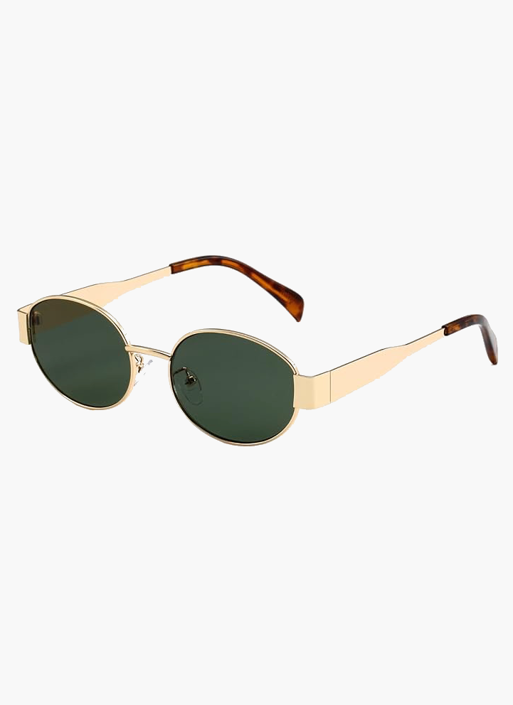Round sunglasses with gold frame and dark green lenses