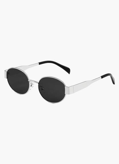 Round sunglasses with silver frame and dark lenses