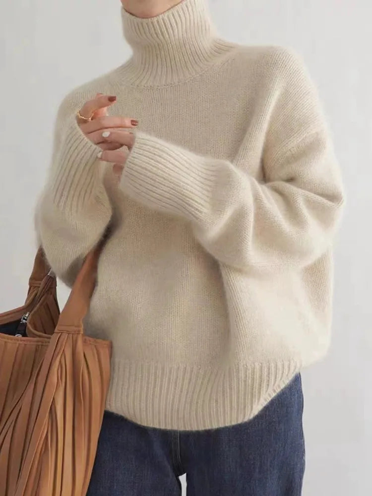 MARIANNE™ luxe turtleneck sweater, cream knit; ribbed turtleneck and wide sleeves