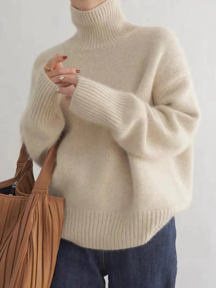 MARIANNE™ luxe turtleneck sweater, cream knit; ribbed turtleneck and wide sleeves