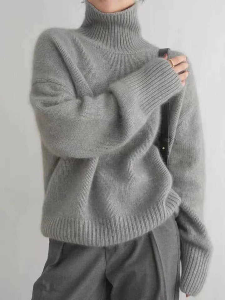 MARIANNE™ luxe turtleneck sweater, grey knit with thick ribbed collar and hem
