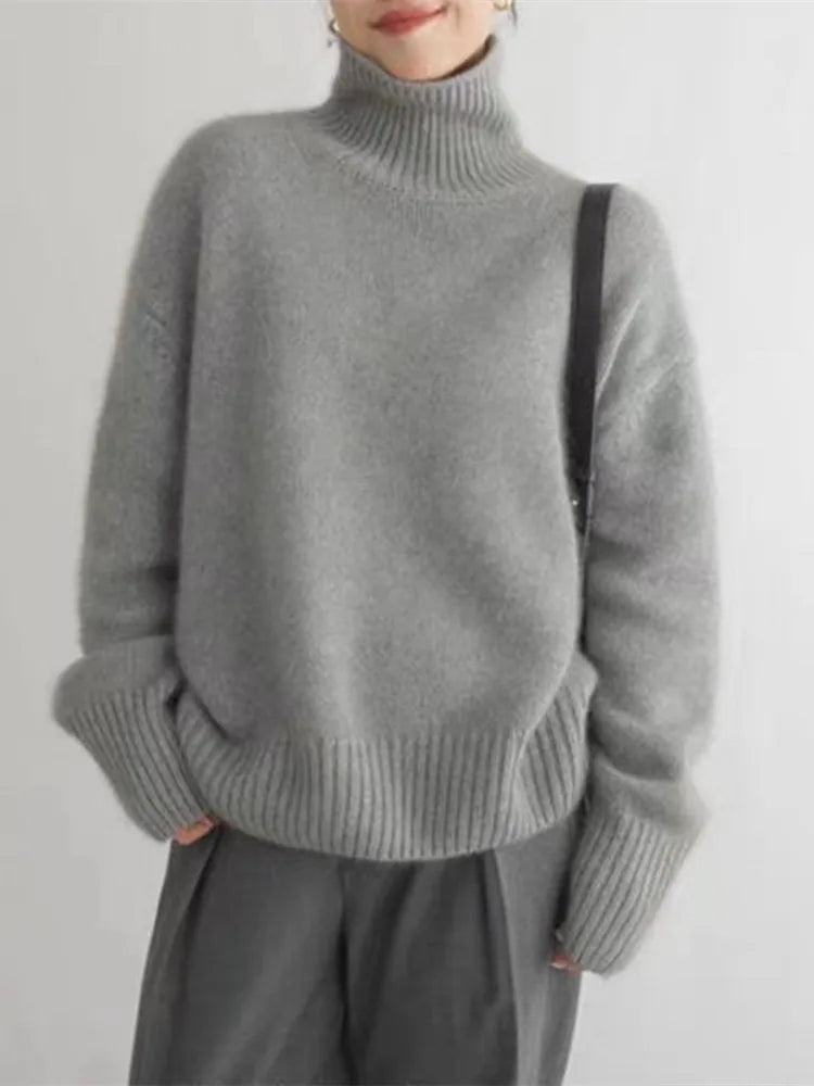 MARIANNE™ luxe turtleneck sweater, grey knit with ribbed turtleneck and long sleeves