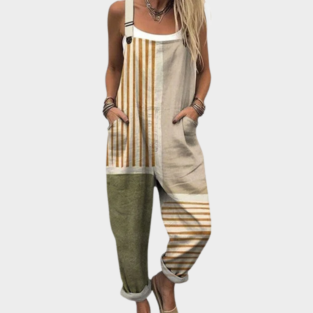 Beige and green striped sleeveless overalls with wide legs