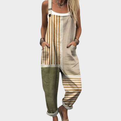 Beige and green striped sleeveless overalls with wide legs