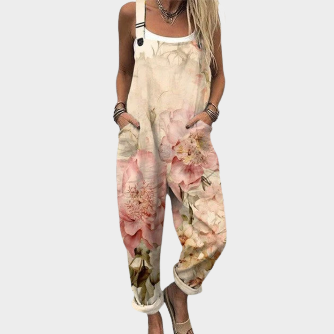 Beige floral printed sleeveless overalls with adjustable straps and front pocket