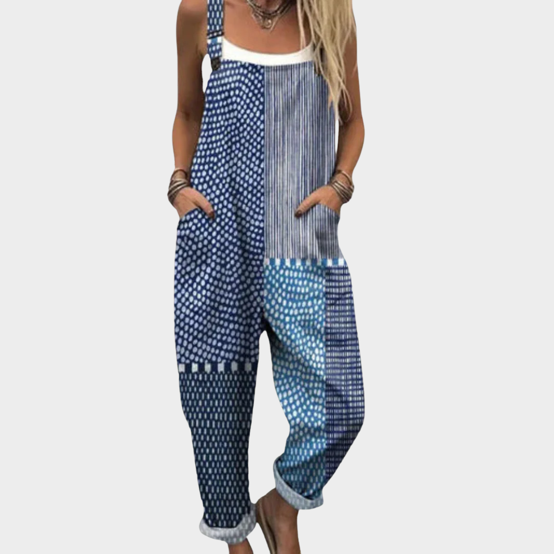 Blue printed overalls with striped and dot panels, sleeveless bib jumpsuit
