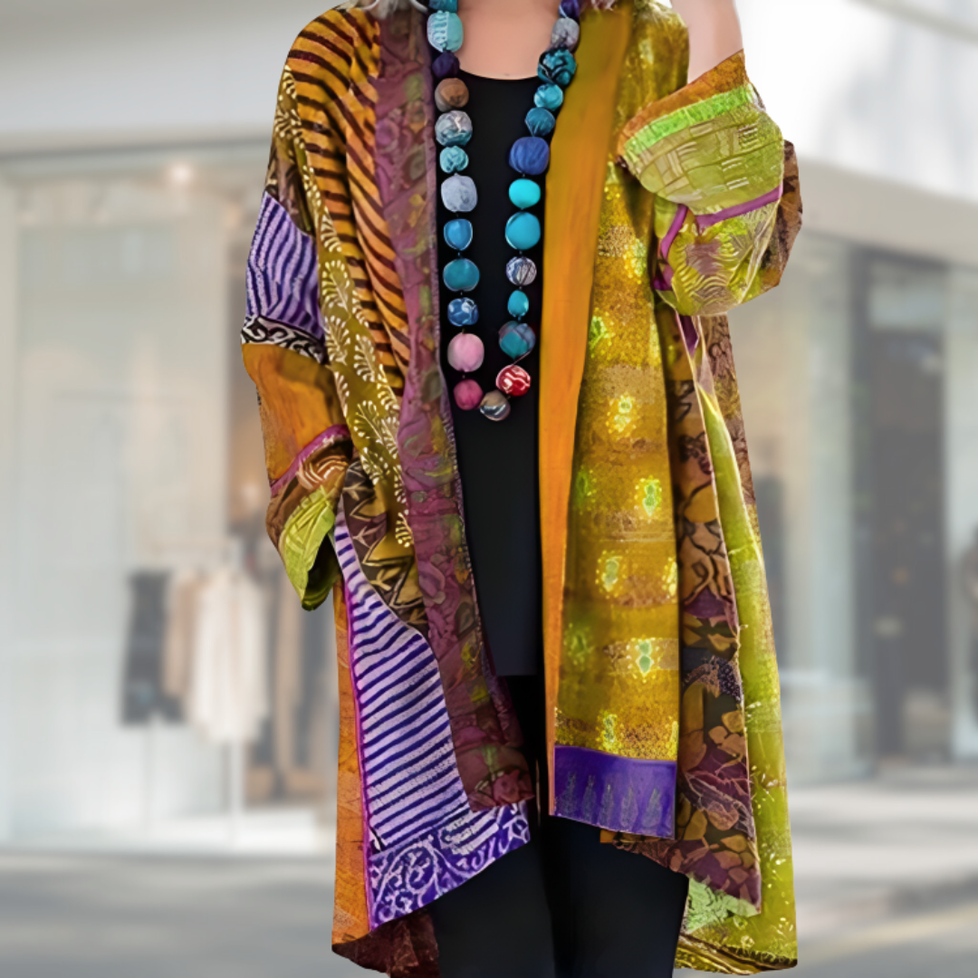 Multicolor boho patchwork cardigan with open front and long sleeves, golden yellow and orange tones