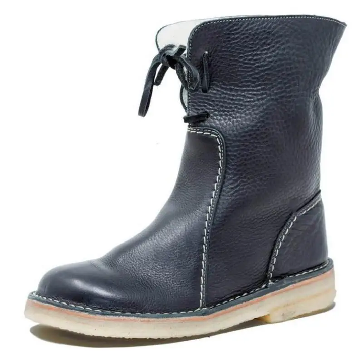 Black winter boots with lace-up ties, padded collar and beige-sole stitching