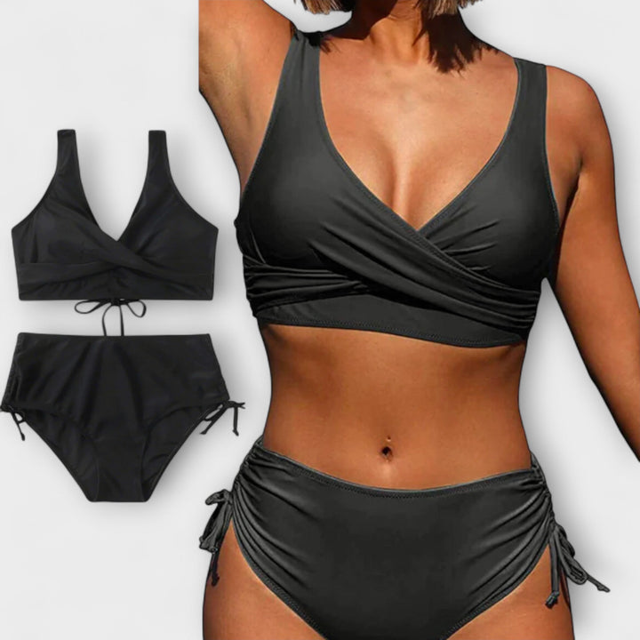 Black wrap bikini top with ruched side-tie bikini bottoms, two-piece set