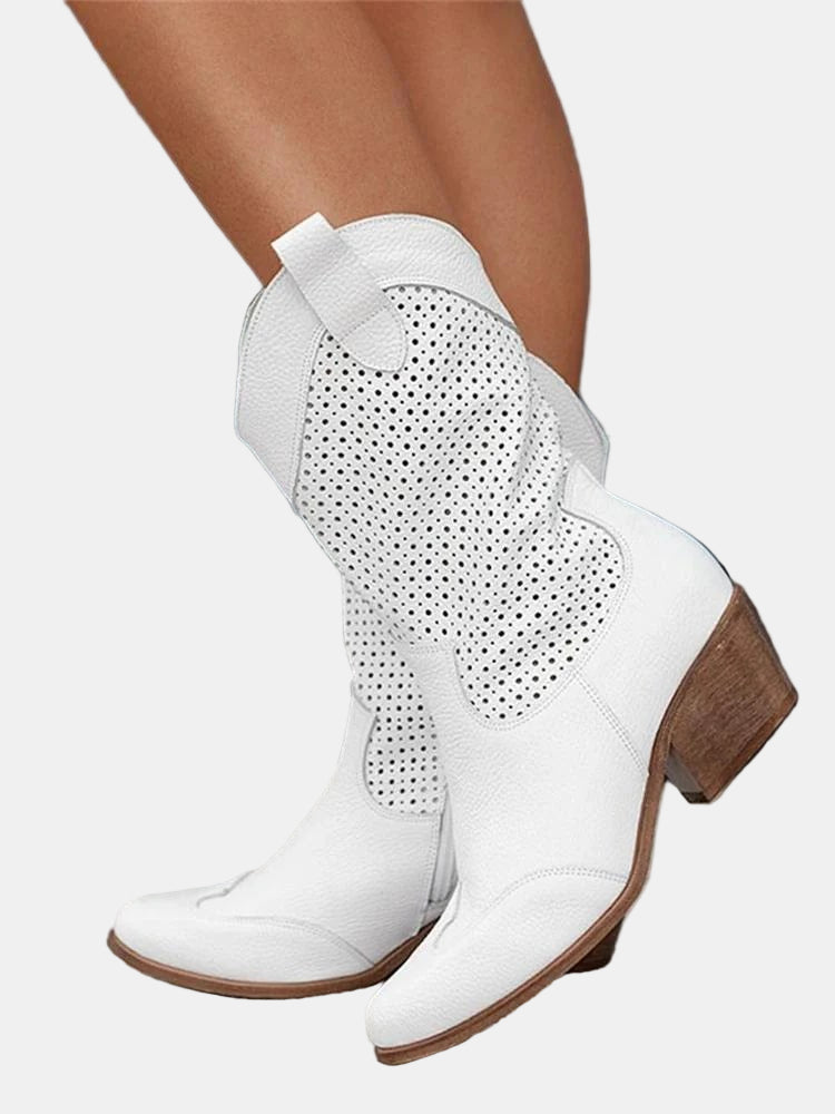 White perforated ankle boots with block heel and side elastic panel