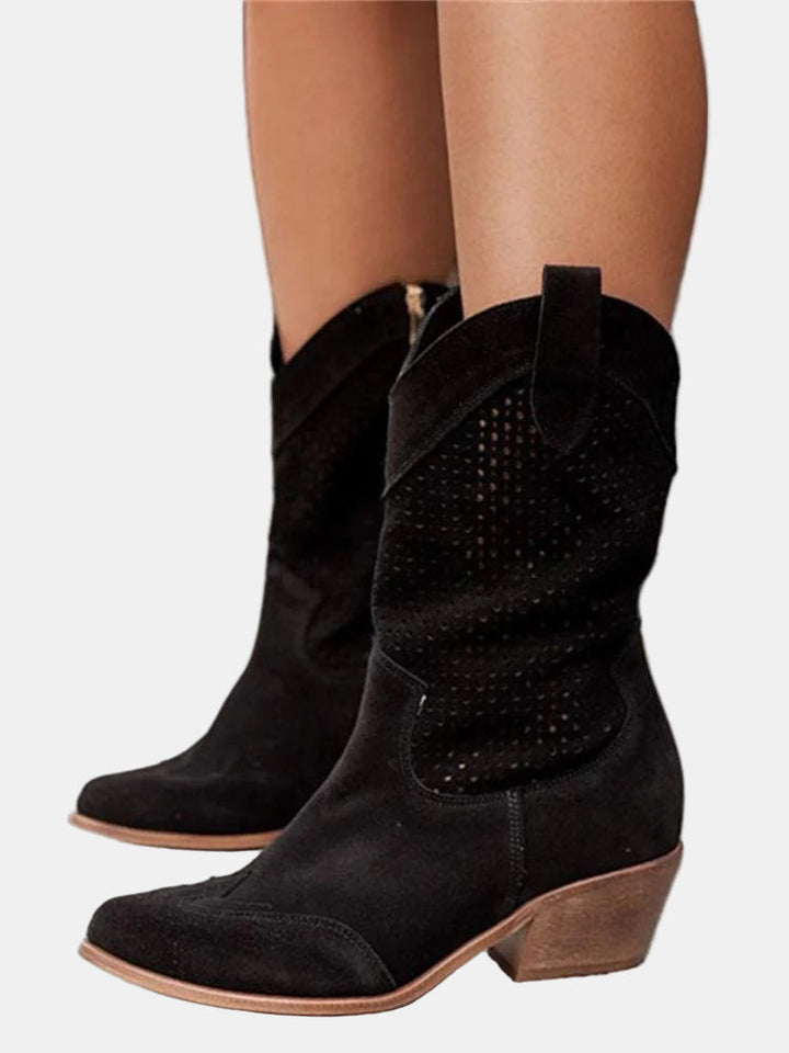 Black perforated ankle boots with block heel and side zip