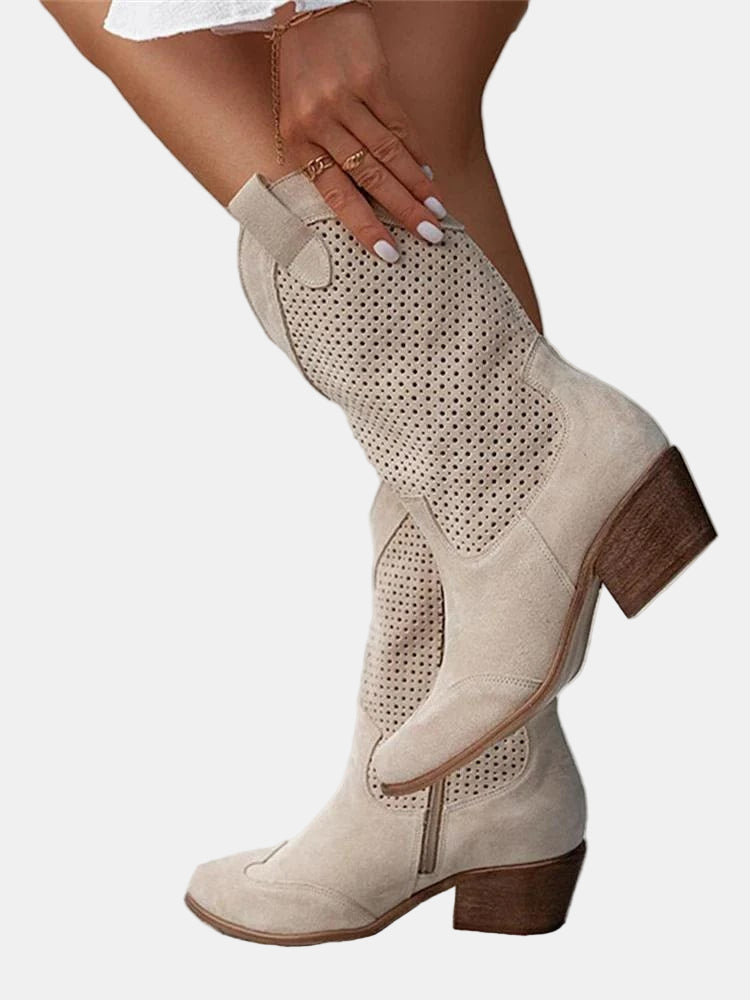 Beige perforated ankle boots with block heel and side pull tabs