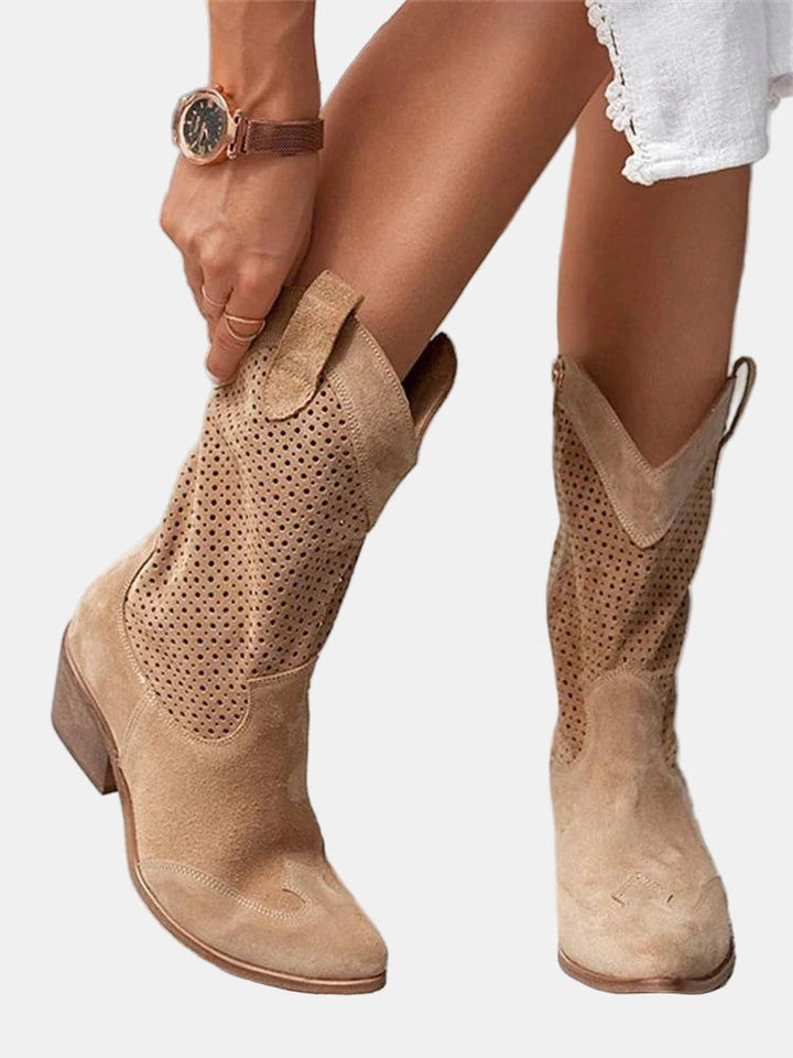 Tan perforated ankle boots with stacked block heel and side zip