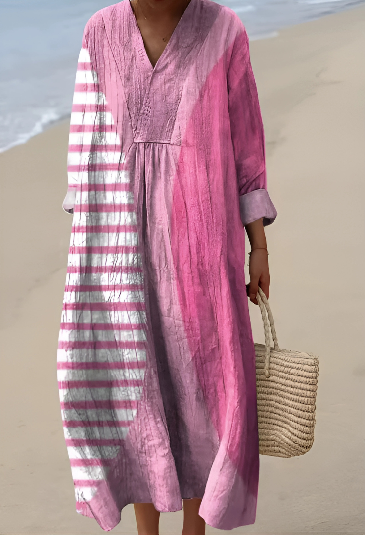 Mauve V-neck long-sleeve dress with gathered waist and flowing midi length