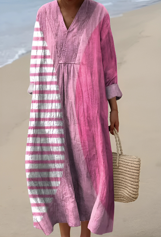 Mauve V-neck long-sleeve dress with gathered waist and flowing midi length