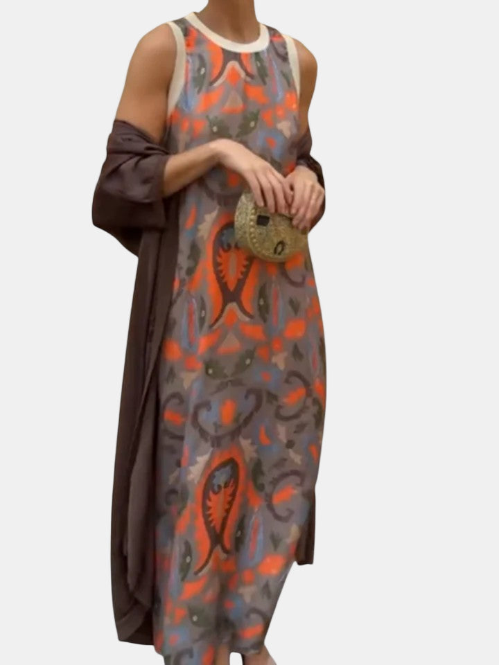 Sleeveless maxi dress in grey with orange and multicolor abstract print, crew neck