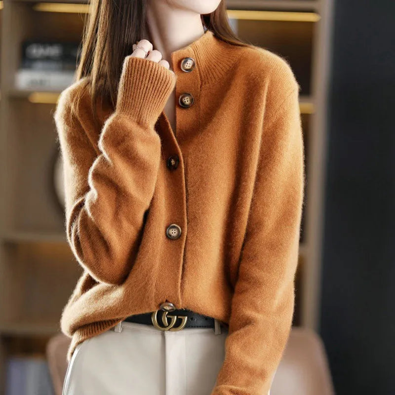 Tan buttoned knit sweater with long sleeves and front buttons