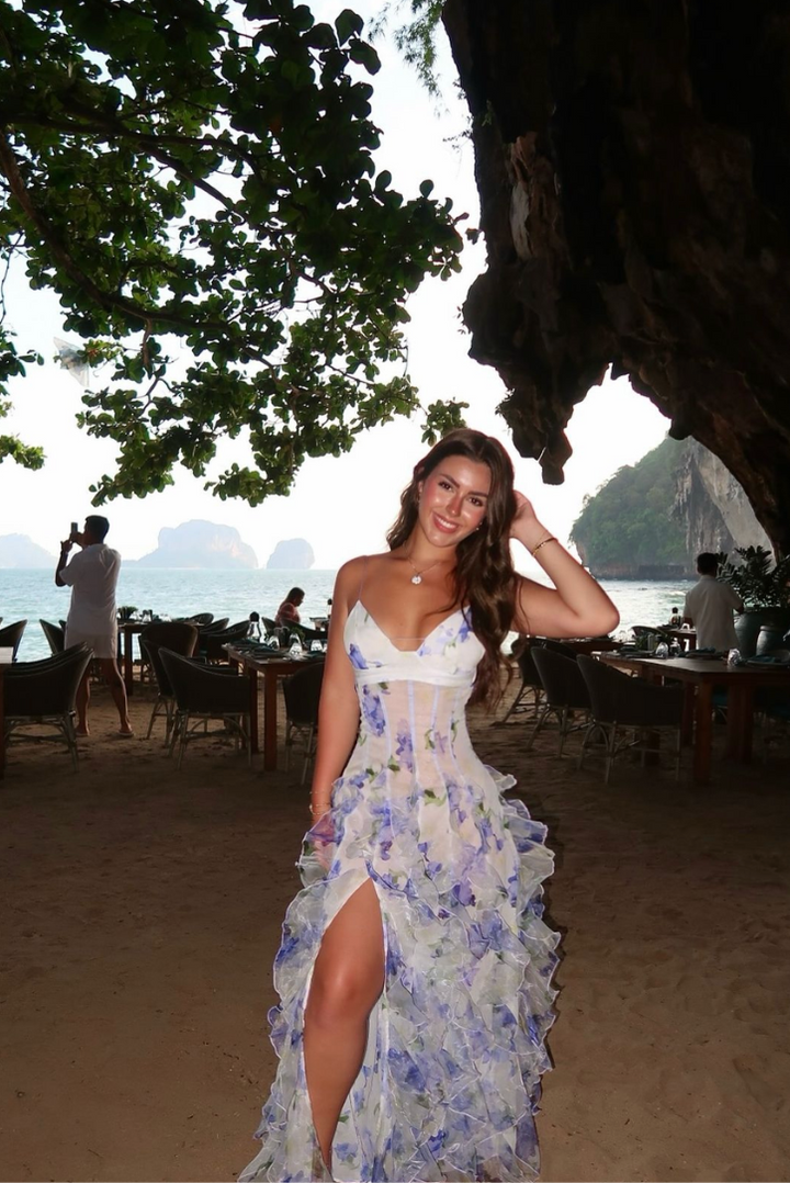 Blue floral ruffled maxi dress with spaghetti straps, V-neck, high slit