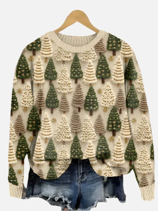 Cozy holiday knit jumper in beige with green tree motifs
