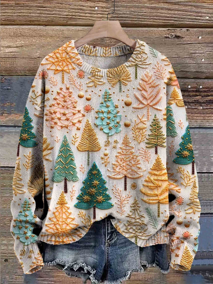 Cozy holiday knit jumper in light with gold and teal tree motifs