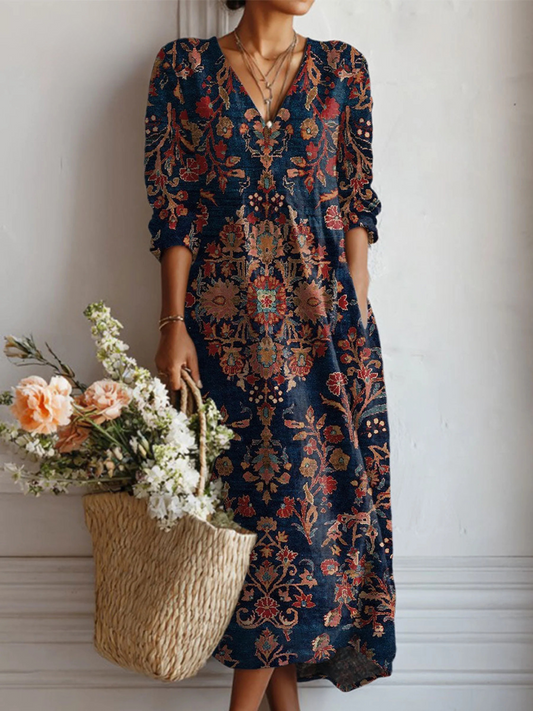 Alessia™ everyday comfort dress, navy floral print, V-neck, three-quarter sleeves
