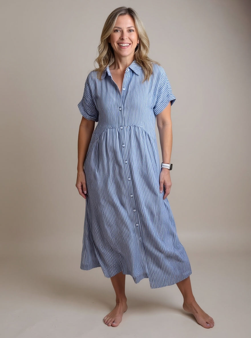 Blue striped shirt dress with short sleeves, button front, and gathered waist midi length