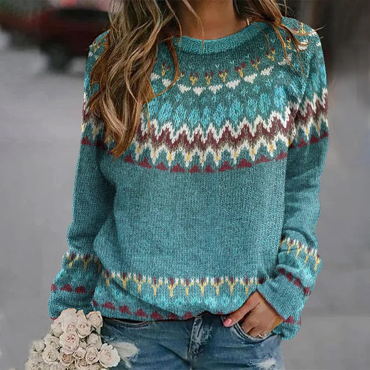 FINLEY™ boho wave knit sweater, teal with zigzag fair isle yoke in cream and burgundy