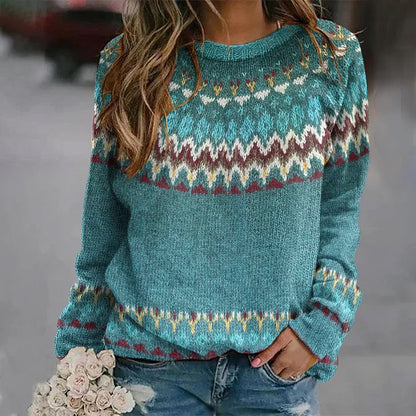 FINLEY™ boho wave knit sweater, teal with zigzag fair isle yoke in cream and burgundy