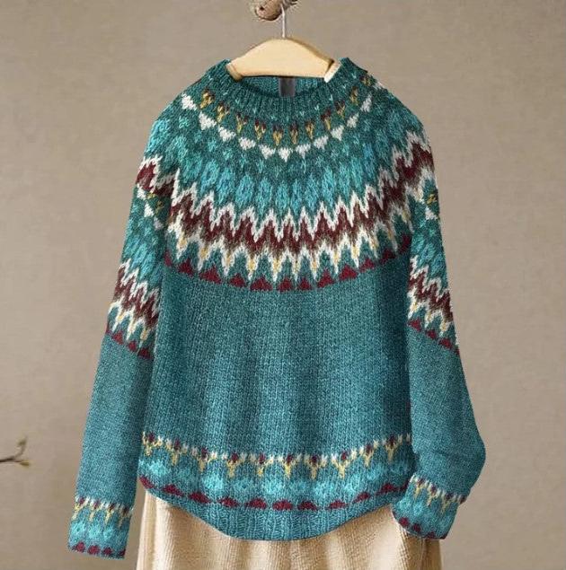 FINLEY™ boho wave knit sweater, teal with wave pattern bands and fair isle yoke in cream