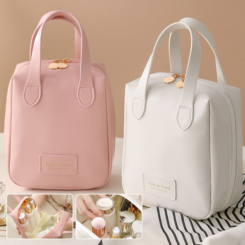 Pink and white travel bags with handles and front logo patch; open organizer shown