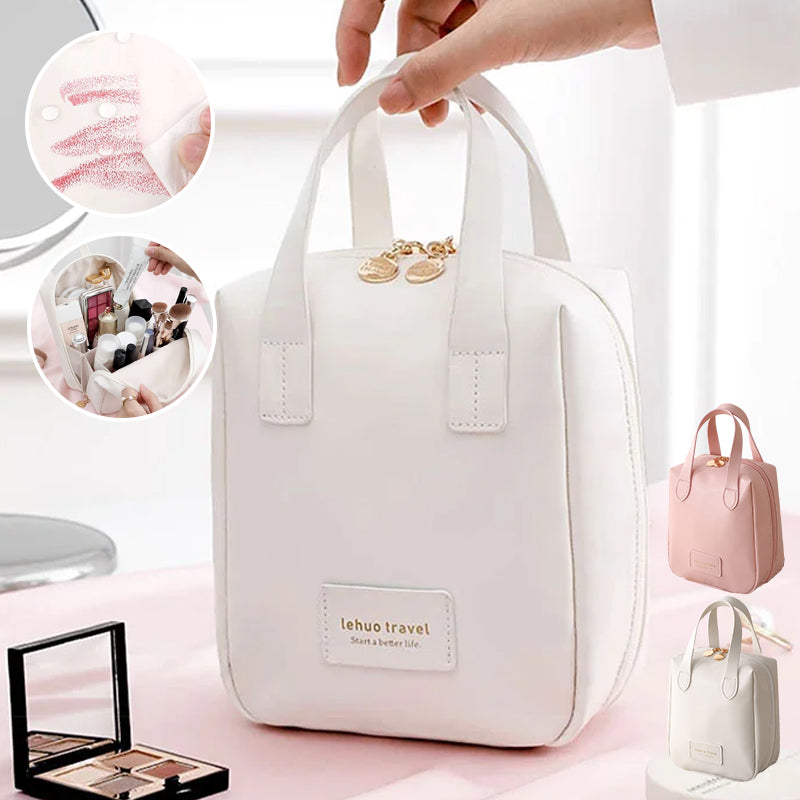 White travel bag tote with top handles, plus inset showing bag contents