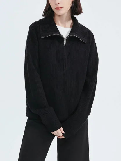 Black half-zip knit sweater with ribbed texture and collared neckline