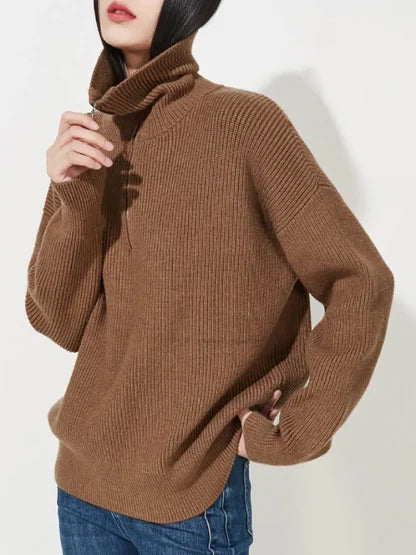 Brown half-zip ribbed sweater with zip-up collar and long sleeves