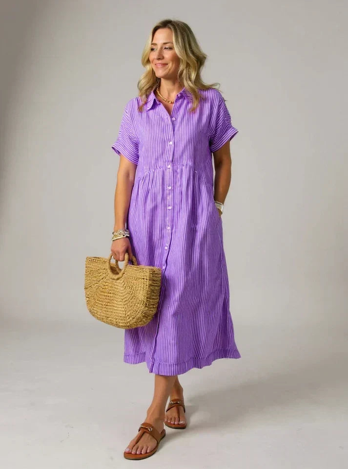 Purple striped shirt dress with short sleeves, button front, and gathered waist midi length