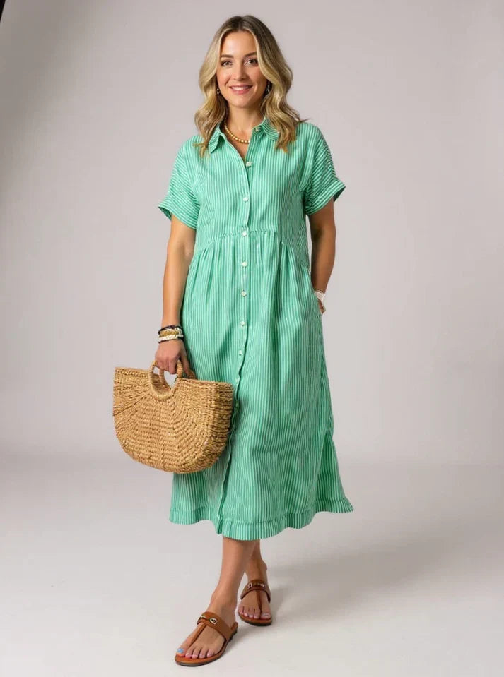Green striped shirt dress with short sleeves, button front, and gathered waist midi length