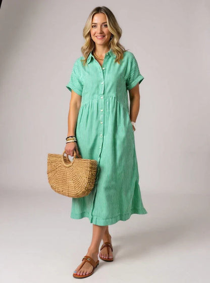 Green striped shirt dress with short sleeves, button front, and gathered waist midi length