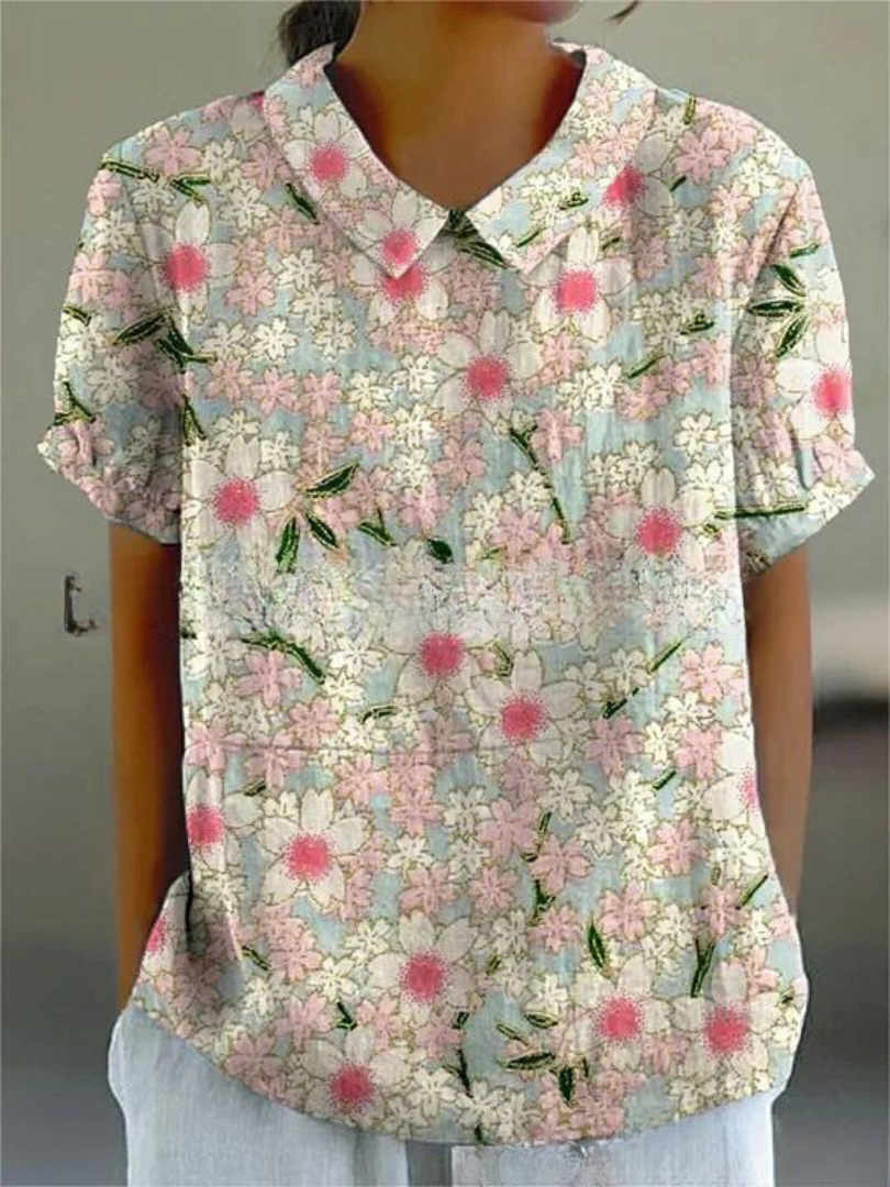 MARLENE™ vintage print shirt, light blue with pink floral print and pointed collar