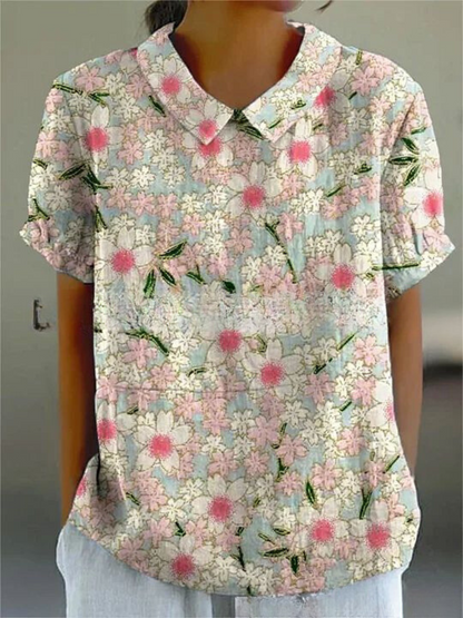 MARLENE™ vintage print shirt, light blue with pink floral print and pointed collar