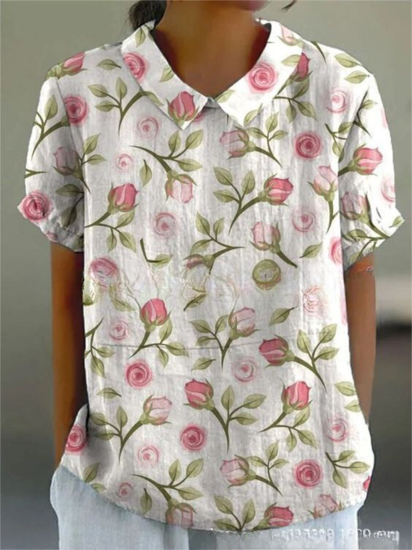 MARLENE™ vintage print shirt, white with pink rose and green leaf print and collar