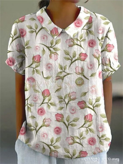 MARLENE™ vintage print shirt, white with pink rose and green leaf print and collar
