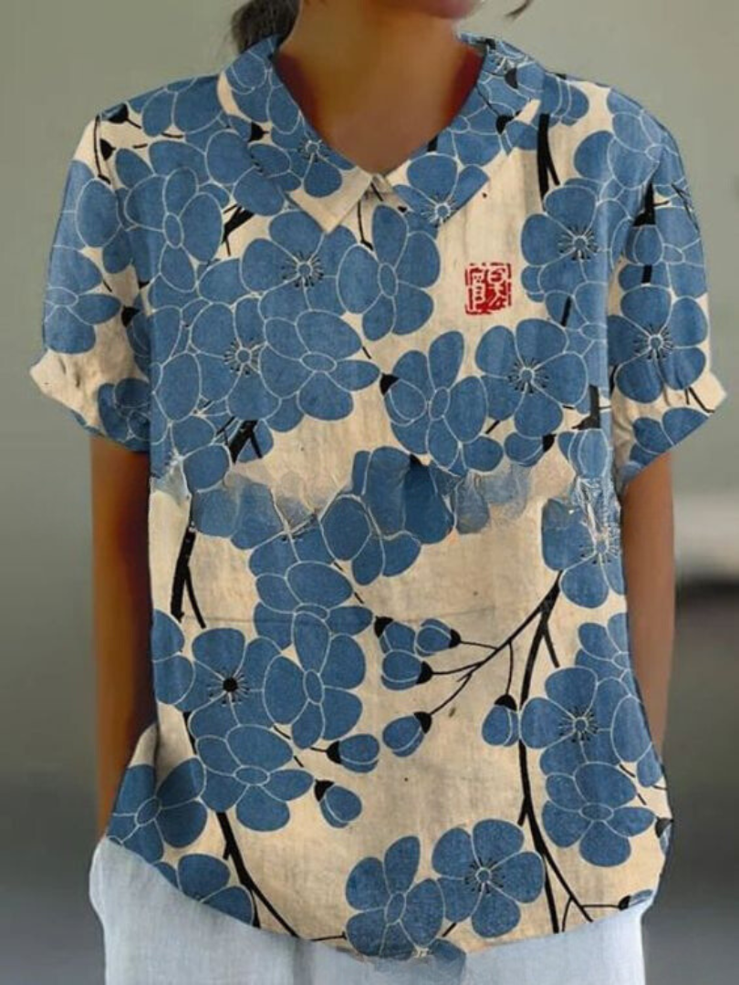 MARLENE™ vintage print shirt, blue floral print with cream background and pointed collar